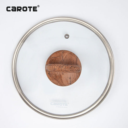 Hitzebeständiger Glasdeckel mit Edelstahlrand und Holzoptik-Knauf, passend zur Carote Air Pfannen-Serie.