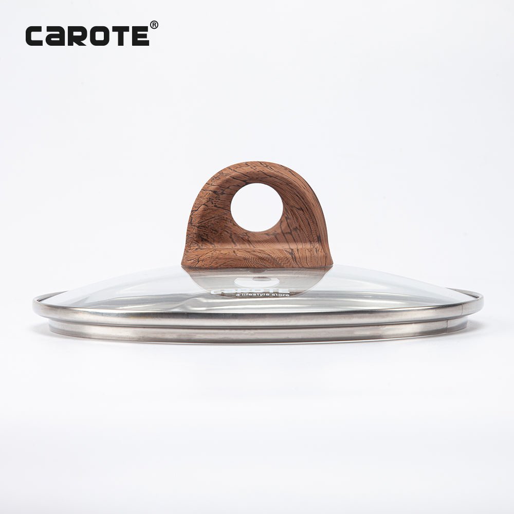 Hitzebeständiger Glasdeckel mit Edelstahlrand und Holz-Optik-Knauf, passend für Pfannen-Serie Air von Carote.