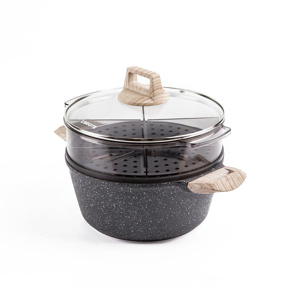 Transparenter Dämpfaufsatz aus Polycarbonat mit verstellbaren Trennwänden, Durchmesser 24 cm, passend für verschiedene Kochgeschirre.