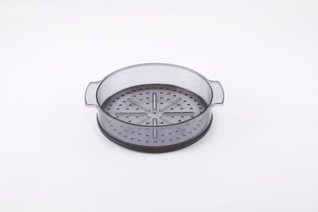 Transparenter Polycarbonat-Dämpfaufsatz mit verstellbaren Trennwänden, 24 cm Durchmesser, für schonendes Garen geeignet.
