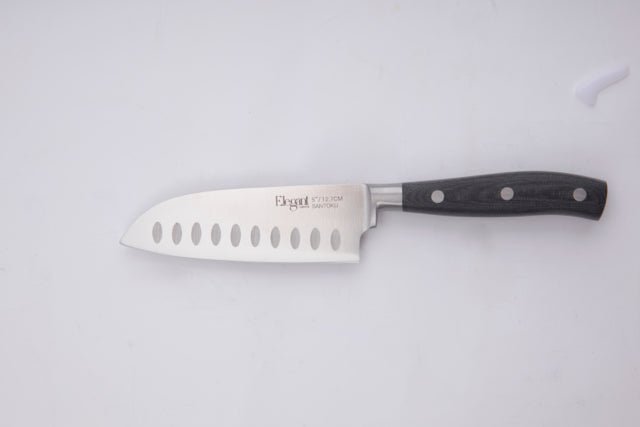 Santokumesser mit Kullenschliff der Serie Elegant von Carote, schwarzer Griff aus Micarta, Carote Elegant Serie.