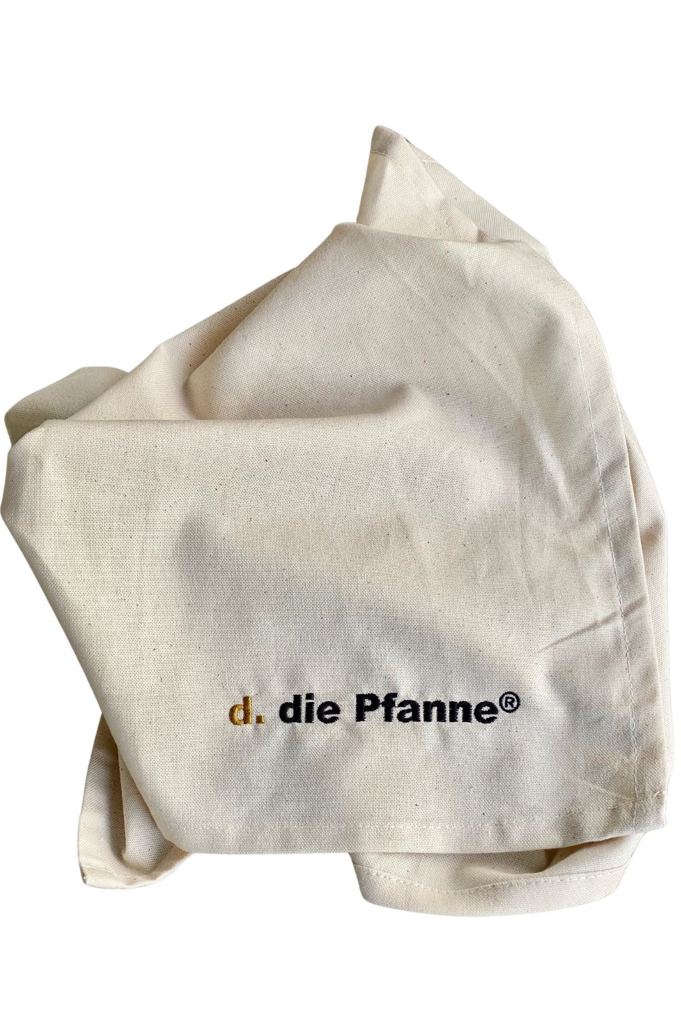 Geschirrtuch mit zweifarbiger Stickerei 'd. die Pfanne®' aus Baumwolle, cremeweiß mit schwarzer und goldgelber Logostickerei, 68x50 cm, zum Aufhängen