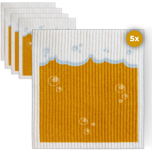 Set of 5 Bier Spültücher beer-themed reusable, washable kitchen cloths with foam design