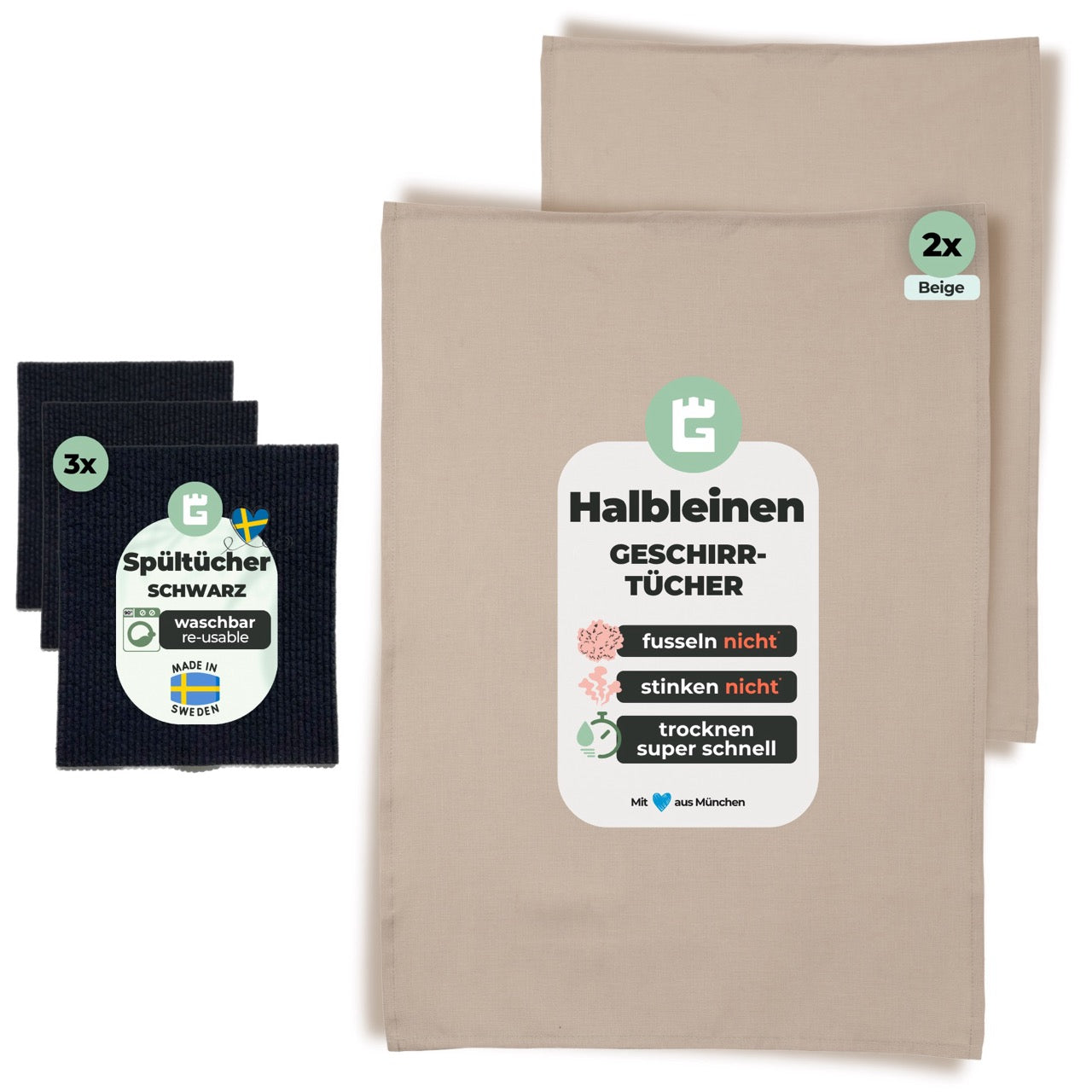 Set of 2 beige halbleinen Geschirrtücher and 3 black Swedish reusable Spültücher for quick drying and streak-free cleaning