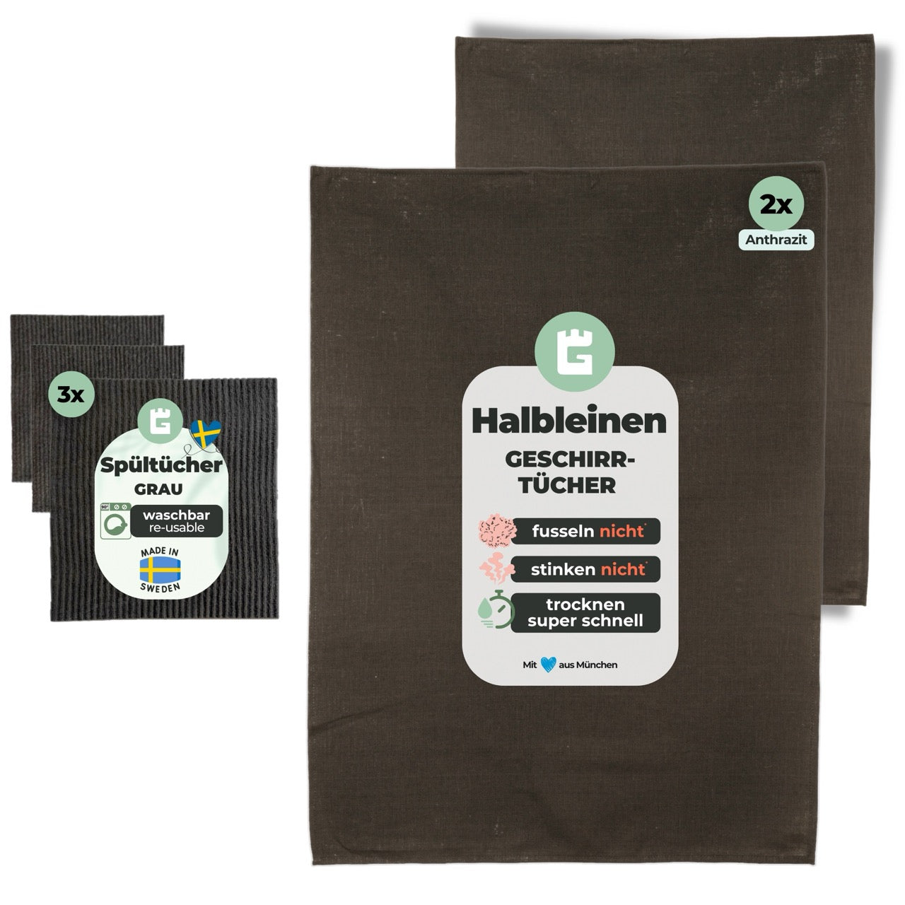 Set of 2 anthracite halbleinen dish towels and 3 gray reusable Swedish dishcloths