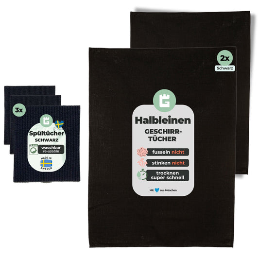 Set of 2 black half-linen kitchen towels and 3 black Swedish dishcloths, quick-drying and reusable