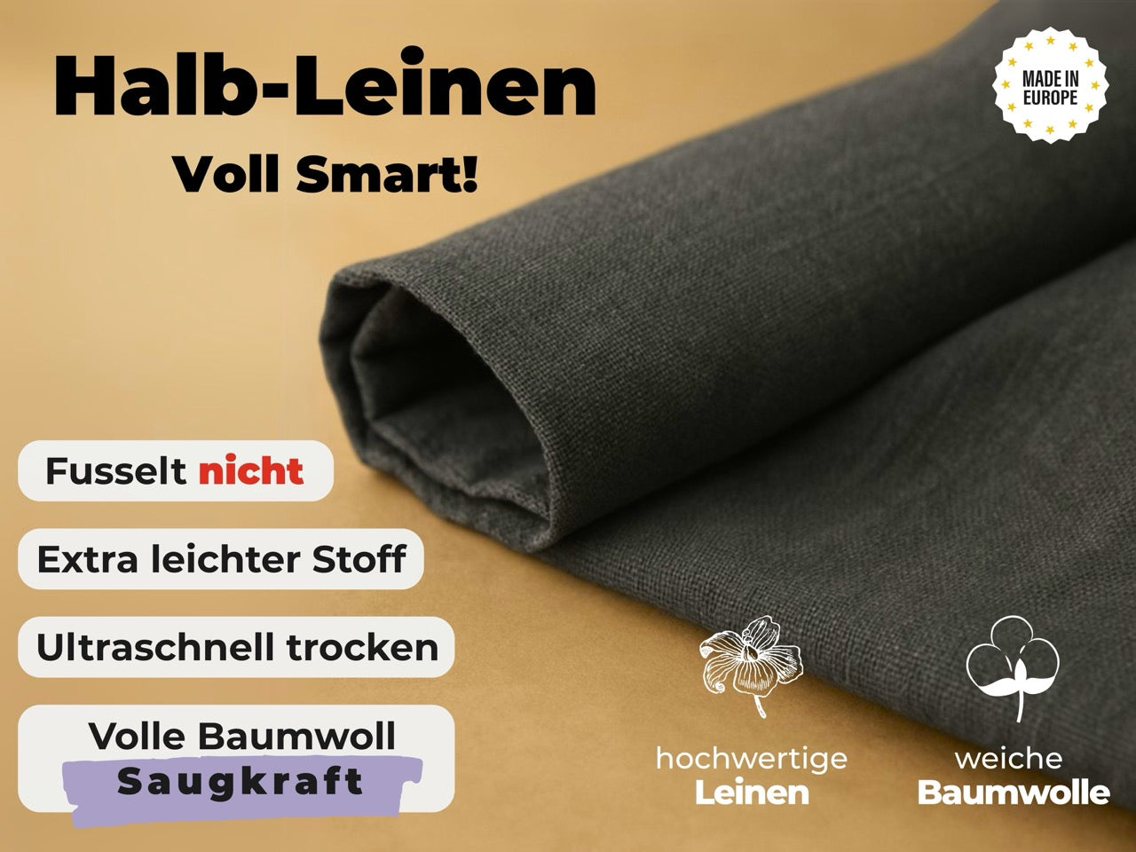 2x Halbleinen Geschirrtücher Anthrazit & 3x Spüllappen Grau (Dark-Grey)