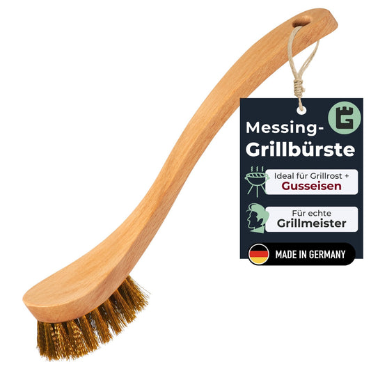 Grillbürste Messing mit Holzgriff für schonende Reinigung von Gussrost und Grillrost, Made in Germany