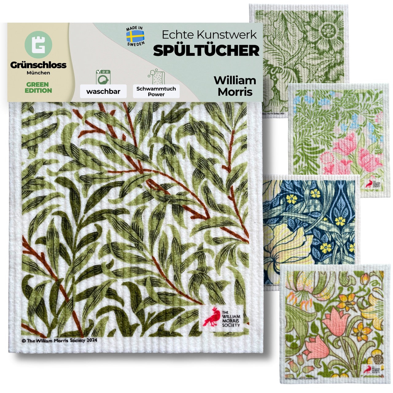 Set of 5 William Morris Green Edition art printed dishcloths with botanical designs