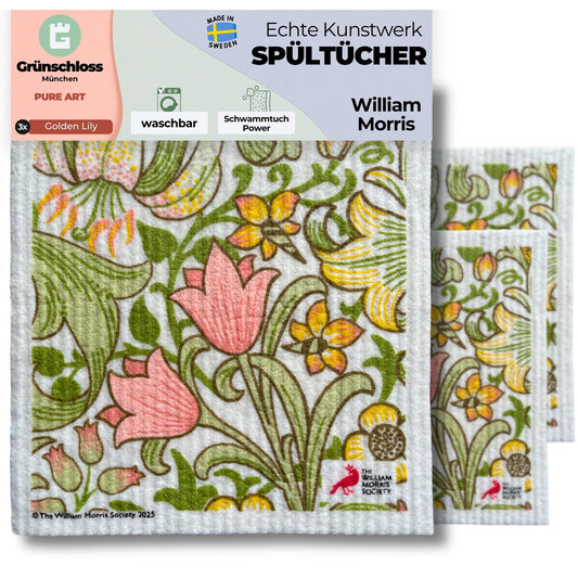 Set of 3 washable dishcloths with William Morris Golden Lily floral design