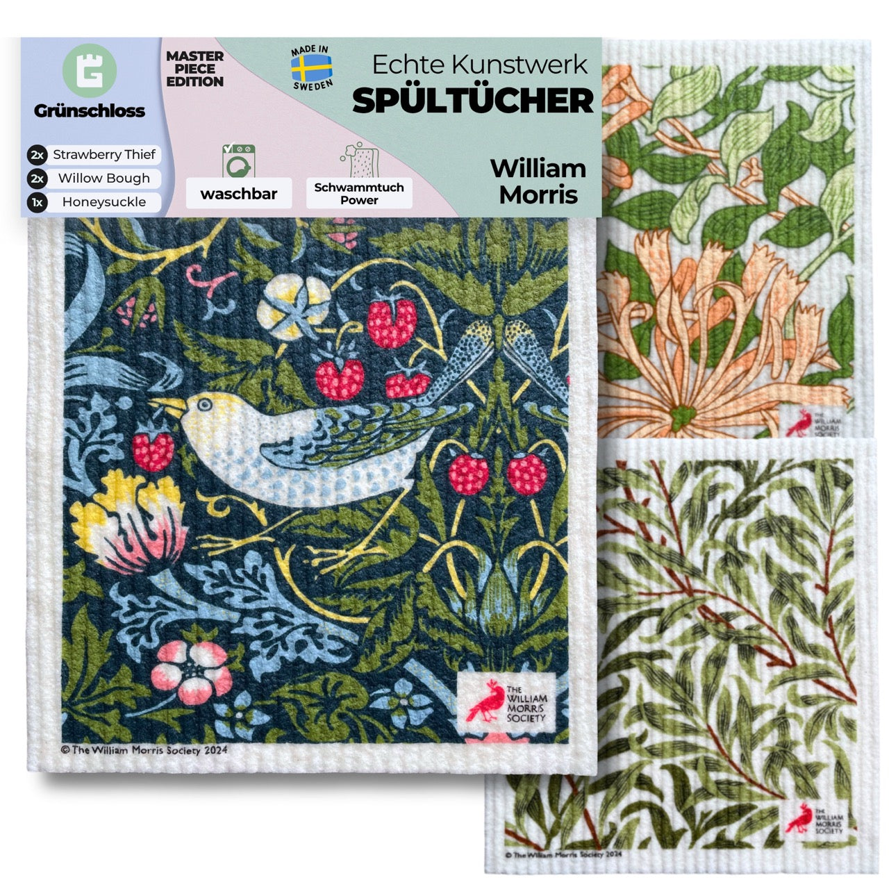 Set of 5 William Morris art printed dishcloths with Strawberry Thief, Willow Bough, and Honeysuckle designs