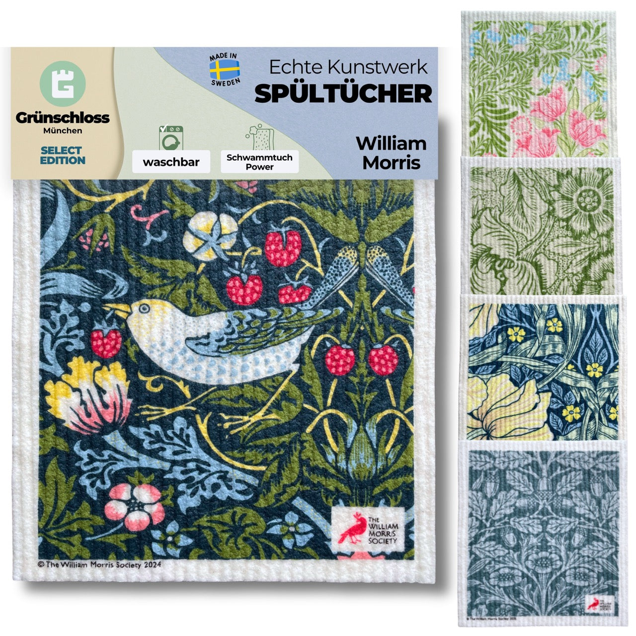 Set of 5 William Morris art spültücher with botanical and bird prints including Pimpernal Meadow, Pink and Poppy, Strawberry Thief, Bower, and Acorn Blue designs