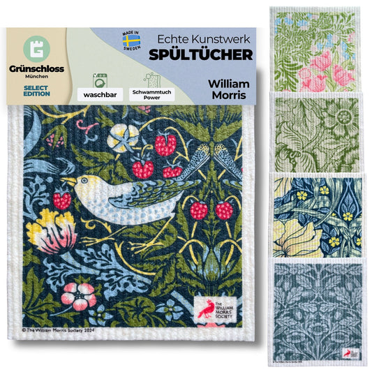 Set of 5 William Morris art spültücher with botanical and bird prints including Pimpernal Meadow, Pink and Poppy, Strawberry Thief, Bower, and Acorn Blue designs