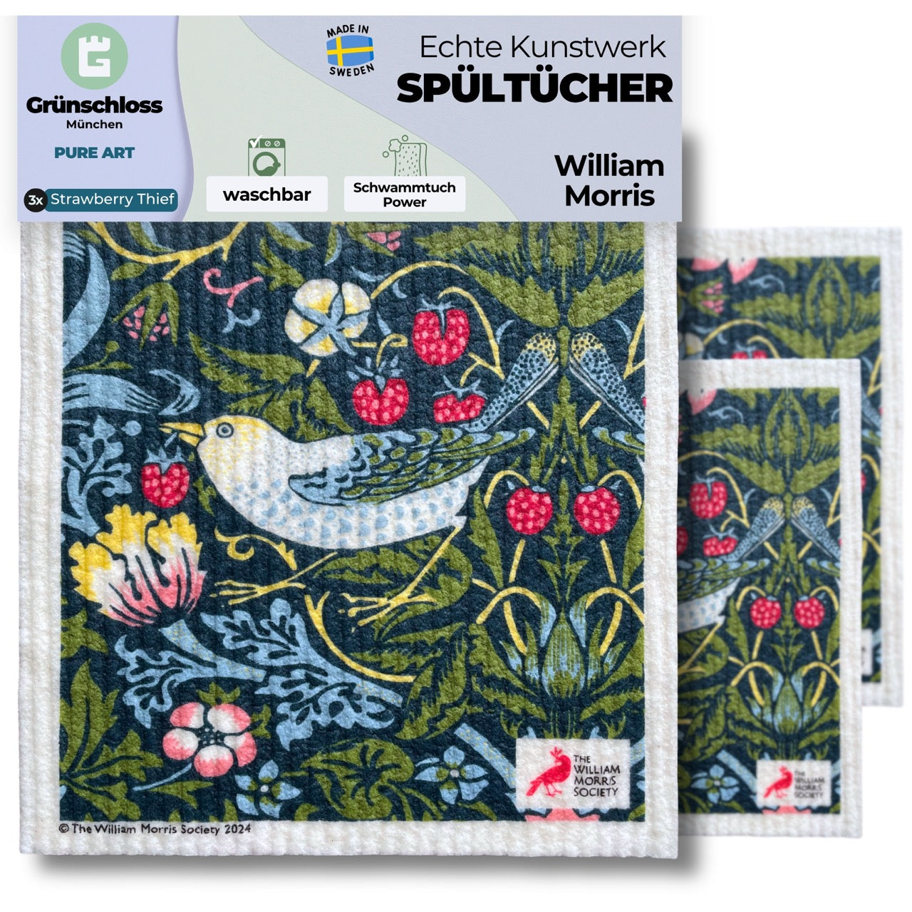 Set of 3 washable art Spültücher with William Morris Strawberry Thief design