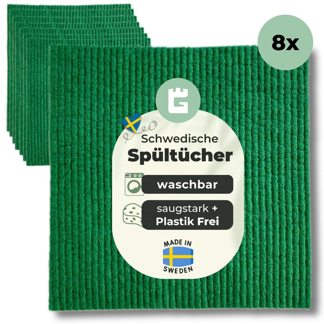 8er Pack Spüllappen Forest Green, waschbare, saugstarke, plastikfreie schwedische Spültücher