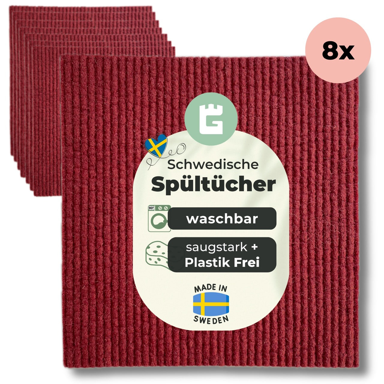 8er Pack Spüllappen Rotwein, saugstark, waschbar, plastikfreie Schwammtücher aus Schweden