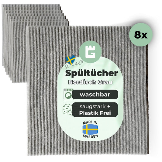 Spültücher Grau waschbar aus Baumwolle und Holz-Zellstoff, saugstark und plastikfrei, 8 Stück, Made in Sweden