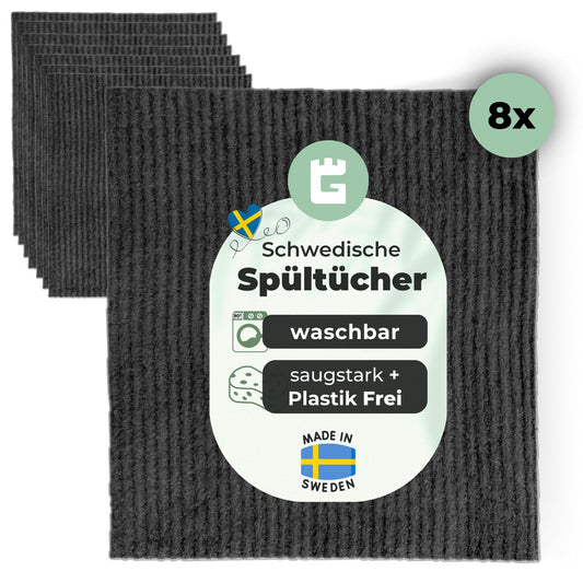 Schwedische Spültücher grau dunkel, wassersaugend, waschbar, plastikfrei, aus Baumwolle und Holz-Zellstoff, 8 Stück, nachhaltig, schnell trocknend.