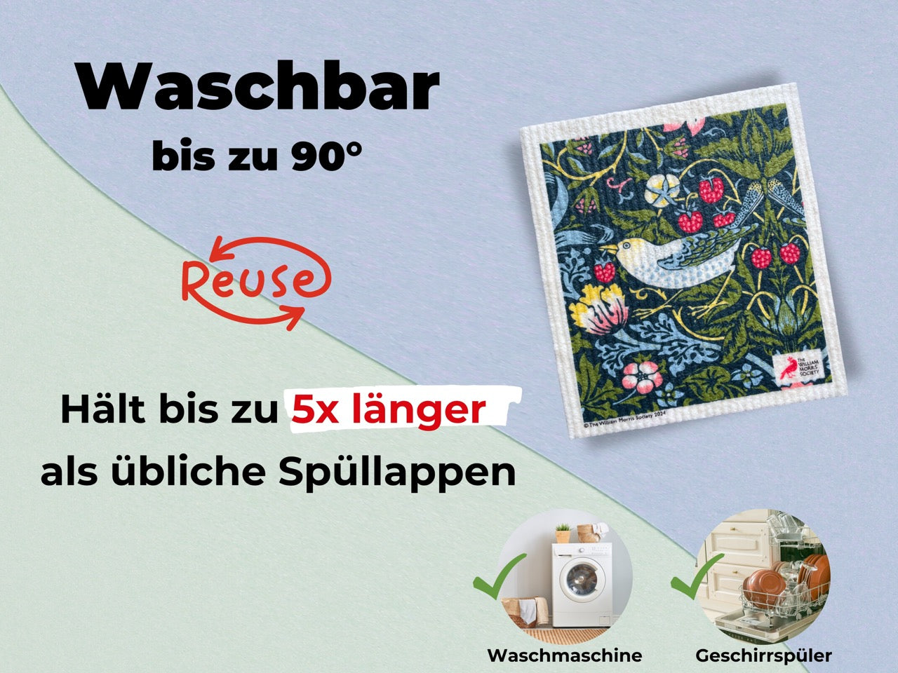 3x Art Spültücher waschbar - Original William Morris Strawberry Thief