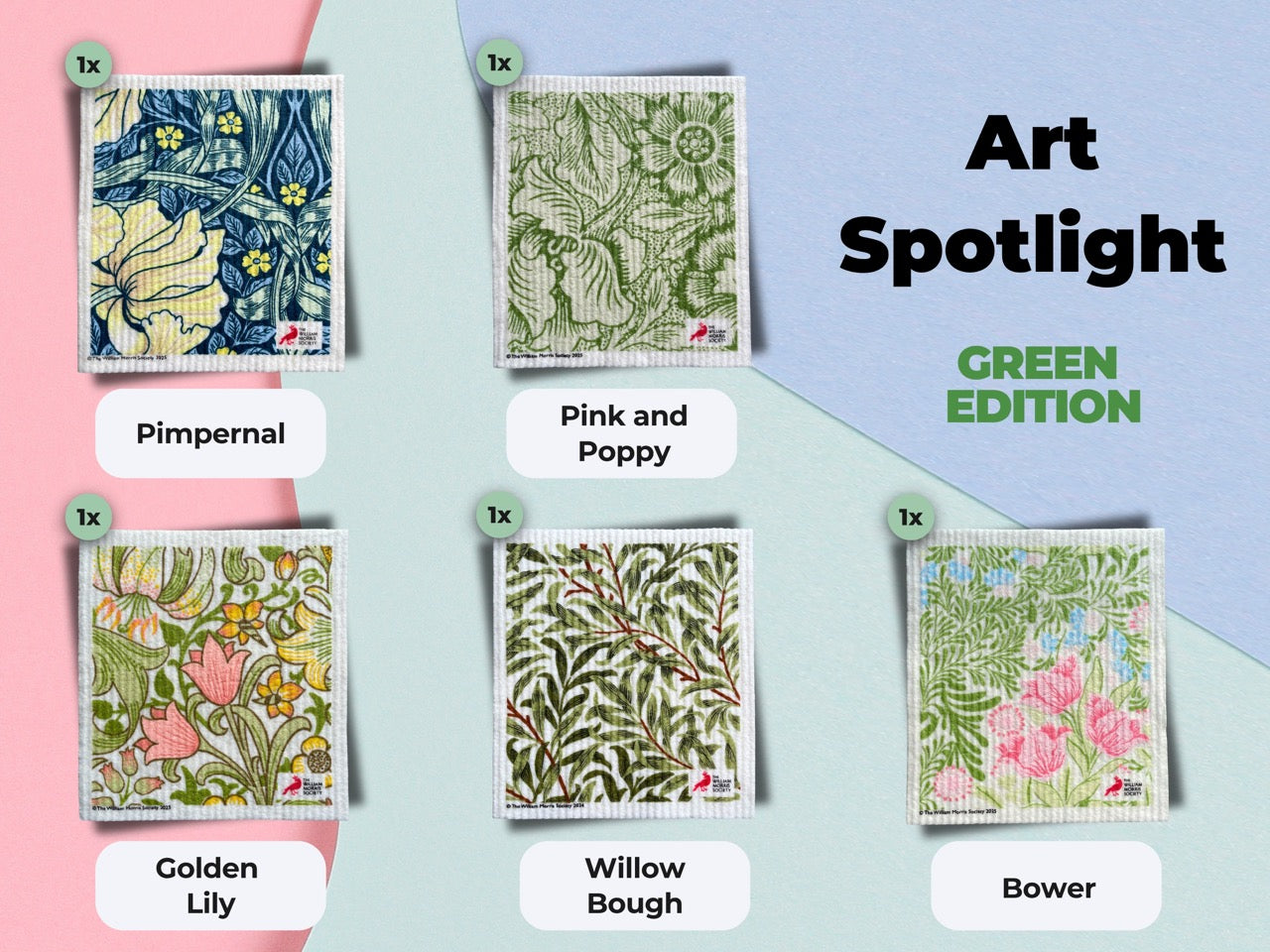5x Art Spültücher bedruckt Set - William Morris Green Edition