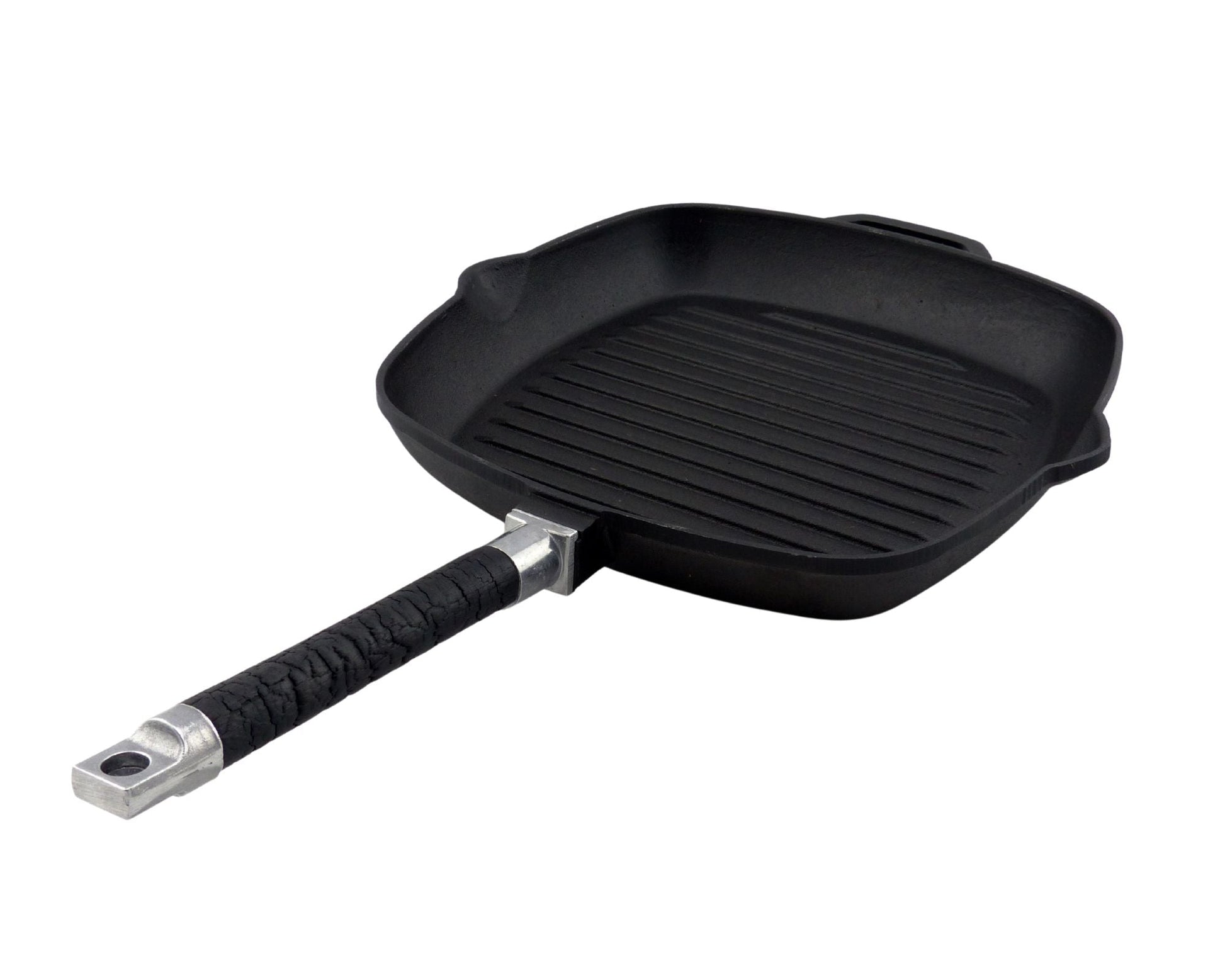 PUREiron Grillpfanne aus Gusseisen mit abnehmbarem FlameWood-Stiel, geriffelte Bratfläche, 28 x 28 cm.