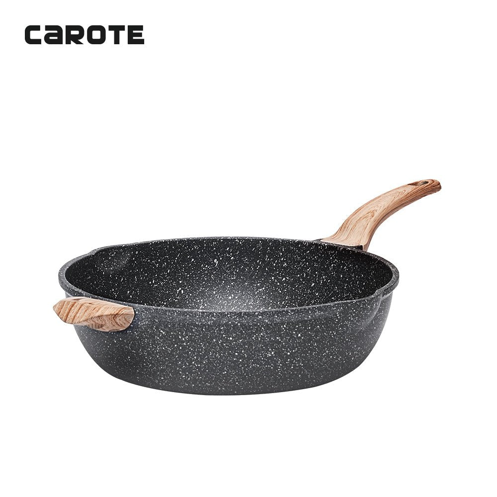 Hochrandpfanne aus Aluguss mit Soft-Touch-Holzstiel, ILAG Granistone Beschichtung von Carote, geeignet für alle Herdarten.