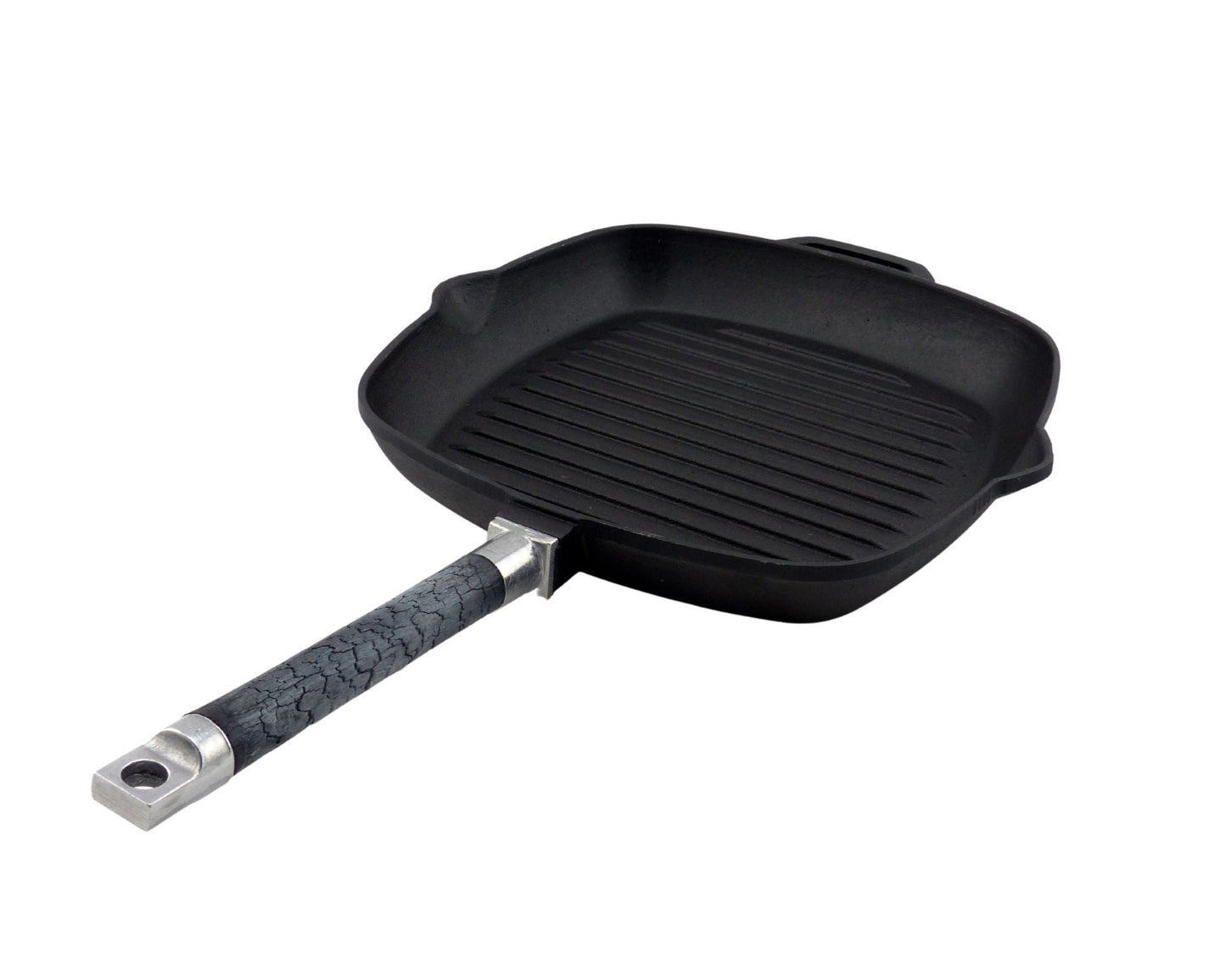 Freigestellte Aufnahme der Grillpfanne PUREiron mit abnehmbarem FlameWood-Stiel in Grau.
